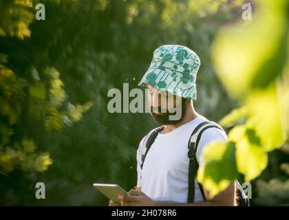 Jeune homme attrayant avec la barbe randonnée dans la forêt avec sac à dos sur les épaules et regardant la tablette Banque D'Images