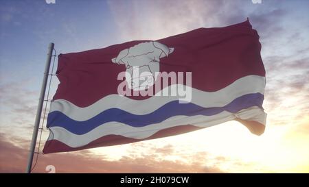 Drapeau de Herefordshire, Angleterre, agitant dans le vent, le ciel et le soleil fond.3d rendu Banque D'Images