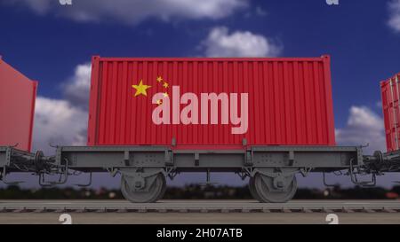 Train et conteneurs avec le drapeau de la Chine.Transport ferroviaire.3d rendu Banque D'Images