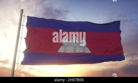 Drapeau du Cambodge agitant dans le vent, le ciel et le fond du soleil.3d rendu Banque D'Images