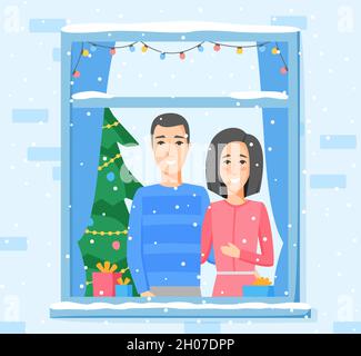 Couple heureux, homme, femme, regarder par la fenêtre décorée de guirlande de lampe.Arbre de Noël et cadeaux.Illustration des vacances d'hiver.Vecteur Illustration de Vecteur