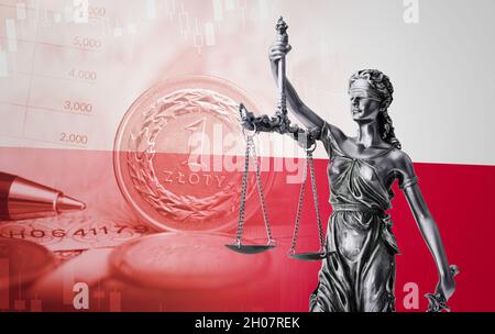 Concept de droit avec justice de dame.Composition avec drapeau polonais et pièce de monnaie Zloty en arrière-plan Banque D'Images