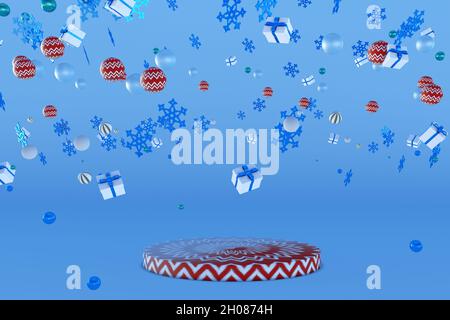 Podium 3D du nouvel an avec flocons de neige volants, boîtes-cadeaux, boules de Noël pour carte de vœux, affiche, bannière.Design studio festif avec des pedes vides Banque D'Images