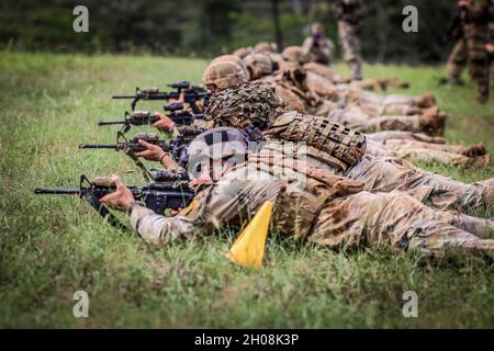 Casernes de Schofield, HI — la Lightning Academy a organisé la « meilleure compétition de squad » pour la 25e division d'infanterie lors de la semaine de la foudre tropicale le 04 octobre 2021 à la caserne de Schofield, à Hawaï.Les bataillons de la division ont désigné leur meilleure équipe de six soldats pour participer à la 25e compétition de la meilleure équipe de la division d'infanterie.La compétition comprenait 6 tâches classées, évaluées au Camp Lightning, suivies d'une marche de 10 miles et d'une séance de stress.La semaine de la foudre tropicale de cette année marque le 80e anniversaire de la division et est une semaine de compétition Banque D'Images