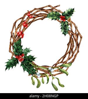 Décoration de Noël et du nouvel an avec une couronne de branches.Illustration aquarelle d'une couronne de style campagnard de brindilles, houx, ilex et GUI. Banque D'Images