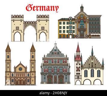 Architecture allemande, bâtiments de Munich et sites touristiques, Vector.Les églises allemandes de Saint Ludwig et Saint Michael, Karlstor Gates, Old Town Hall or Illustration de Vecteur