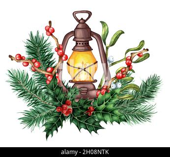 lanterne de noël aquarelle avec bougies, pomme de pin et houx