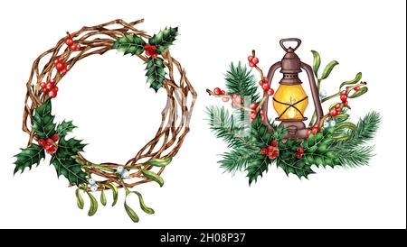 Ensemble aquarelle pour couronne et lanterne de Noël et du nouvel an.Décoration festive avec branches de GUI, houx, ilex, épicéa, pin.Isolé Banque D'Images