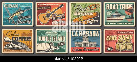 Cuba et la Havane voyagent des affiches rétro.Vector Caribbean Sea Beach, palmiers tropicaux, carte cubaine, tabac cigare, café et guitare,capitole de la Havane Illustration de Vecteur