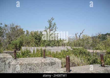 Vestiges de l'arbre de Buena Vista abandonné (en 1893) dans les collines de New Almaden.Les semelles en granit restent là où se trouvait la maison de pompe autrefois impressionnante. Banque D'Images