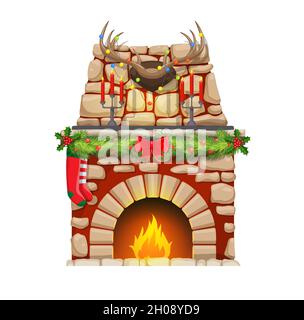 Cheminée de Noël avec feu de dessin animé et décorations de Noël.Foyer ou foyer en pierre vecteur avec bas, guirlande d'arbres de Noël et festi Illustration de Vecteur