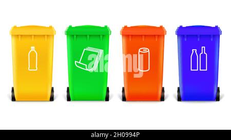 Ensemble d'icônes poubelles isolées sur blanc.Symbole de déchets à l'avant des bacs. Illustration de Vecteur