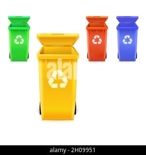 Ensemble d'icônes poubelles isolées sur blanc.Symbole de recyclage écologique des déchets à l'avant des bacs. Illustration de Vecteur
