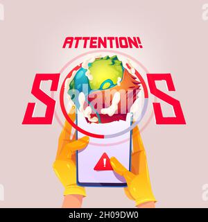 Affiche d'attention avec téléphone portable avec panneau d'alerte et globe terrestre avec partie sèche après le réchauffement climatique.Bannière vectorielle de protection de l'environnement avec mains de dessin animé tenant smartphone et planète verte Illustration de Vecteur
