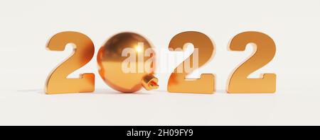 Boule de Noël simple avec l'année 2022.Concept de la nouvelle année et du joyeux Noël.Illustration de rendu 3D isolée sur fond blanc. Banque D'Images