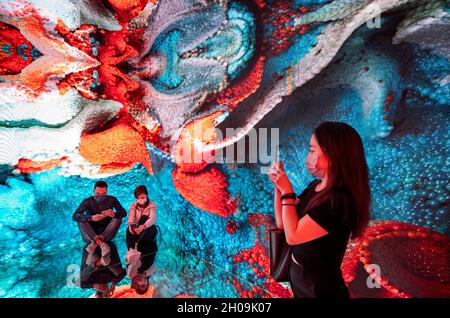 Les gens visitent et prennent des photos de l'installation d'art immersive intitulée « Machine hallucinations Space: Métaverse par l'artiste numérique turc-américain de nouveaux médias Refik Anadol à la Foire d'art numérique d'Asie à Hong Kong, Chine, le 08 octobre 2021.La foire présente NFT Crypto Art, jetons non fongibles, dans le cadre de la nouvelle tendance de l'art moderne Banque D'Images