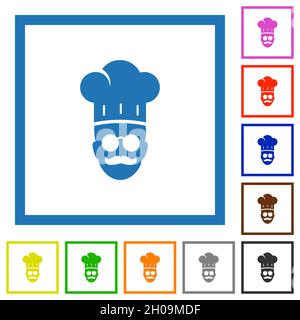chef cuisinier avec des lunettes et des symboles de couleur plate moustaches dans des cadres carrés sur fond blanc Illustration de Vecteur