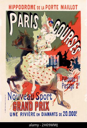 Affiche rétro française annonçant des courses hippiques à l'hippodrome Port Maillot à Paris, France par Jules Chéret , 1895 Banque D'Images