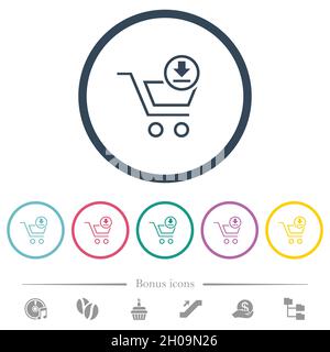Téléchargement de chariot contour des icônes de couleur plate dans des contours ronds.6 icônes bonus incluses. Illustration de Vecteur