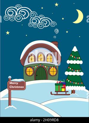 Noël confortable maison de village dans la nuit dans la neige Illustration de Vecteur