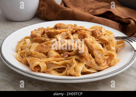 Assiette de poulet cajun noirci avec Fettuccine Alfredo gros plan Banque D'Images