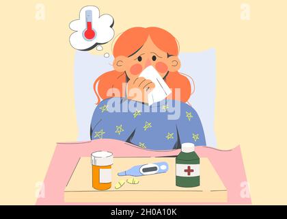 La jeune femme malade reste dans le lit toux éternuer souffrir de la grippe ou de la fièvre à la maison.Malsain fille malade à haute température, ont des symptômes du virus corona Covid-19.Santé, médecine.Illustration vectorielle. Illustration de Vecteur