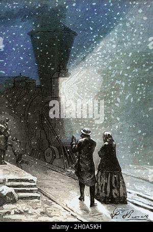 Une ombre énorme, précédée d'un reflet jaune scintillant. Du livre ' autour du monde en quatre-vingts jours ' de Jules Verne (1828-1905) traduit par Geo. M. Towle, publié à Boston par James. R. Osgood & Co. 1873 première édition aux États-Unis Banque D'Images