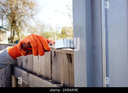 Peinture de la clôture. Femme peint à la main la clôture en acier avec un pinceau Banque D'Images