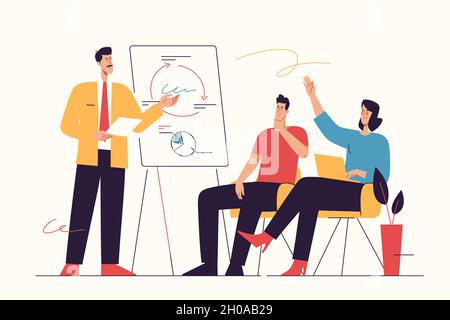 Illustration vectorielle représentant un groupe d'hommes d'affaires à l'écoute de l'entraîneur, de l'entraîneur, de l'orateur au séminaire.Contour modifiable Illustration de Vecteur