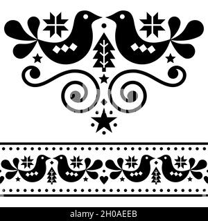 Les éléments de la décoration scandinave de Noël folklorique, le joli motif floral avec des oiseaux, des pins et des flocons de neige en noir sur fond blanc Illustration de Vecteur