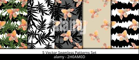 Ensemble de 5 motifs sans couture avec fleurs d'orchidées dessinées à la main. Illustration de Vecteur