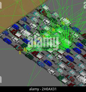 Image : cette image simulée du logiciel d’optimisation des détecteurs de rayonnement (SWORD) illustre un dispositif de dispersion de rayonnement détecté à l’intérieur d’un véhicule traversant le moniteur du portail de rayonnement du port d’entrée de la Californie, San Ysidro.SWORD, développé au U.S. Naval Research Laboratory, est un progiciel intégré qui offre une interface aux codes de transport de rayonnement, permettant aux utilisateurs de concevoir et d'optimiser les détecteurs de rayonnement, ce qui permet d'accélérer le développement et l'évaluation des équipements de détection de rayonnement.(Illustration graphique par le laboratoire de recherche navale des États-Unis) Banque D'Images