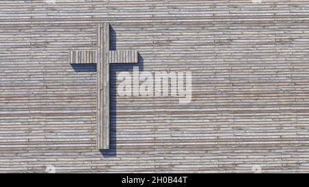 Concept ou croix conceptuelle sur fond de bois naturel ou de texture en bois. métaphore de l'illustration 3d pour Dieu, Christ, Christianisme, religieux, foi, Banque D'Images
