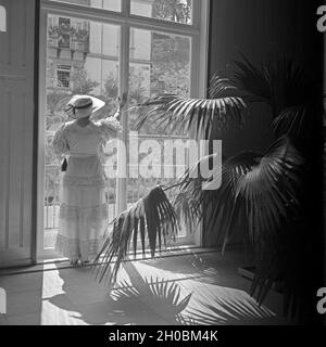 Eine ältere Dame dans un bodenlangen Kleid steht une einem Fenster mit Palmengartens, 1930er Jahre Deutschland. Un aîné dame dans une robe longue, debout devant une fenêtre haute d'un jardin de palmiers, l'Allemagne des années 1930. Banque D'Images