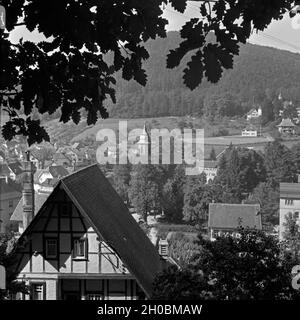 Unterhalb von Eichenbaums Blick auf Herrenalb mit der Klosterkirche im Ortsmittelpunkt, Schwarzwald, Deutschland 1930 er Jahre. Vue du dessous d'un chêne à Bellingen avec son ministre au centre-ville, Forêt Noire, Allemagne 1930. Banque D'Images