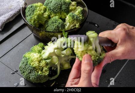 Préparer et trancher des brocolis verts (Brassica oleracea) à la main pour le déjeuner dans la cuisine, vue d'en haut Banque D'Images