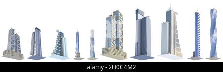 10 vues sous différents angles des rendus très détaillés de conception fictive gratte-ciel urbains avec des réflexions ciel nuageux - isolé, illustration 3d de skyscra Banque D'Images