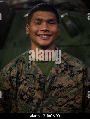 CPL. De la Marine américaineMikyle Mesa, un missiléen de la compagnie d'armes, 3e Bataillon, 4e Marines, 31e unité expéditionnaire maritime (MEU), et Dededo, originaire de Guam, pose un portrait à bord de l'USS New Orleans, le 23 janvier 2021.« Je suis un tireur pour le deuxième véhicule de mon convoi.Je prends le contrôle de tout ce qui pourrait constituer une menace du côté droit du véhicule.C’est mon travail de protéger mes frères. »Le 31e MEU, le seul MEU en permanence déployé par les Marines, fournit une force flexible et mortelle prête à exécuter un large éventail d’opérations militaires en tant que première force de réponse à la crise Banque D'Images