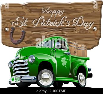 Camion de pick-up de dessin animé rétro Vector avec fûts de bière pour le joyeux motif de fête irlandaise de la Saint Patrick.Lettrage au festival de la bière sur panneau de bois.EP Illustration de Vecteur