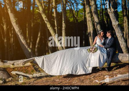 Un couple vient de se marier assis sur un arbre mort sur la forêt Banque D'Images