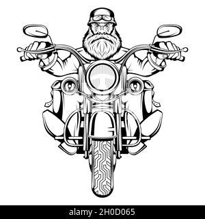 Biker Man est assis sur un vélo.Homme à moto.Homme de motard barbu.Tatouage.Fête des motards.Visage masculin avec la cicatrice.Personne malfaisance. Illustration de Vecteur