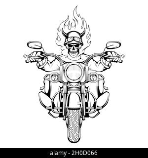 Crâne brûlant.Personne malfaisance.Skull Biker est assis sur un vélo.Crâne à moto.Tatouage.Fête des motards.Graphiques vectoriels à concevoir Illustration de Vecteur