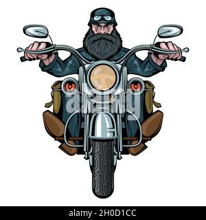 Biker Man est assis sur un vélo.Homme à moto.Homme de motard barbu.Tatouage.Fête des motards.Visage masculin avec la cicatrice.Personne malfaisance.Graphiques vectoriels à de Illustration de Vecteur