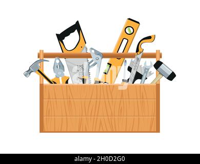 Boîte à outils avec outils à main à l'intérieur.Boîte de travail avec instruments.Outils de construction.Instruments de rénovation.Outils de travail.Graphiques vectoriels à concevoir. Illustration de Vecteur