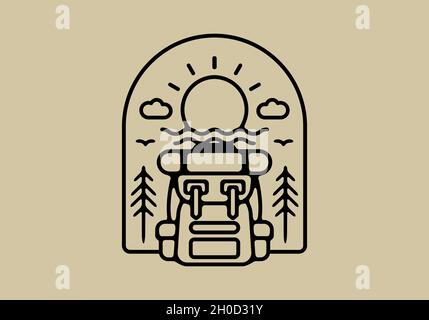 Illustration de l'art de la ligne noire de la conception de sac à dos et de soleil Illustration de Vecteur
