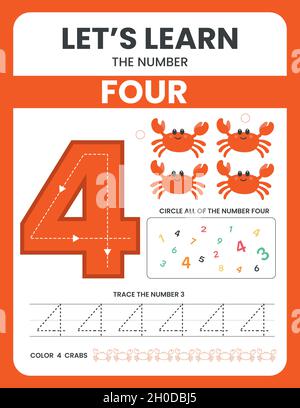 La feuille de travail numéro 4 est une illustration vectorielle pour un sujet mathématique chez les élèves de maternelle, de maternelle ou de première année. Le livre d'écriture des enfants. Illustration de Vecteur