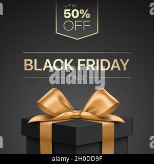 Carte de réduction Black Friday à motif vectoriel, avec boîte cadeau noire de style luxueux enveloppée d'un ruban doré. Illustration de Vecteur