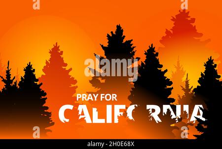 Vecteur de feu de forêt dans l'État de Californie, États-Unis. Arbres sur le point de brûler dans rouge, orange feu de forêt. Feu de crique dans la forêt. Priez pour la Californie Illustration de Vecteur