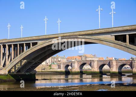 Le pont routier Royal Tweed Bridge et le vieux pont au-dessus de la rivière Tweed à Berwick-upon-Tweed ou Berwick-on-Tweed Northumberland Angleterre GB Royaume-Uni Europe Banque D'Images