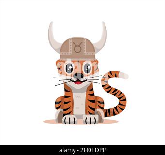 Tigre cub avec taureau zodiaque signe astrologique icône dessin animé vecteur illustration Horoscope et nouvel an de l'est. Illustration de Vecteur